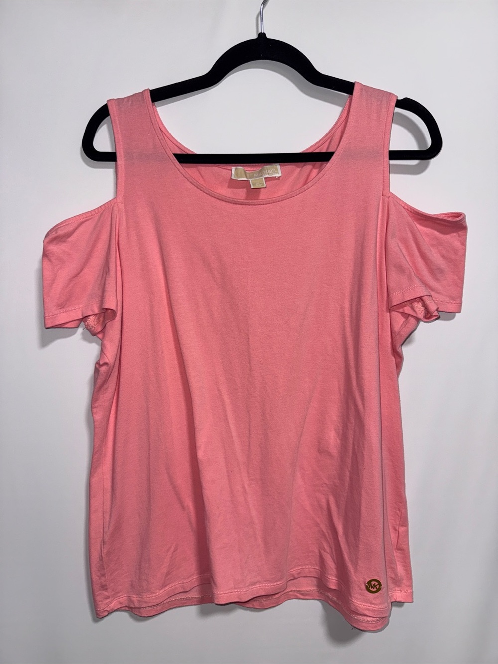 Michael Michael Kors Pink Cold Shoulder Flutter Sleeve Top XL Logo Scoop Neck - Picture 4 of 10
